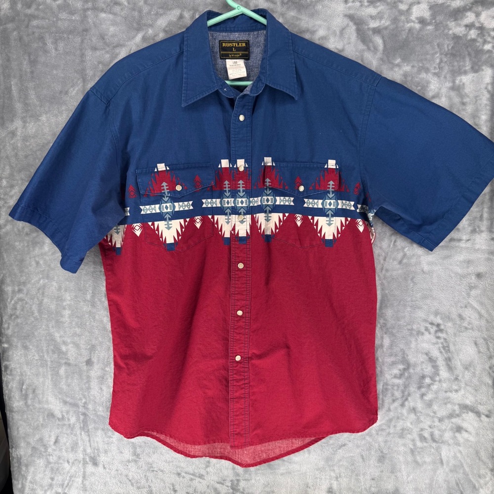 Rustler by Wrangler Mens Short Sleeve pearl snap‎ Shirt Western  Print Size L